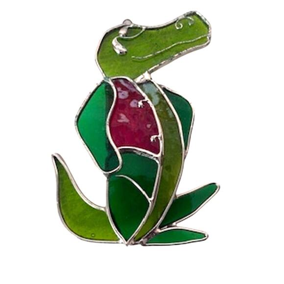 Vintage Stained Glass Alligator Sun Catchers Red Green 8"x5" Whimsical  Decor - Picture 1 of 7